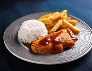 Fotografía de estudio profesional Imagen de filetes de pollo asado con patatas fritas crujientes y doradas, arroz, estilo ultrarrealista, realista, 4k
