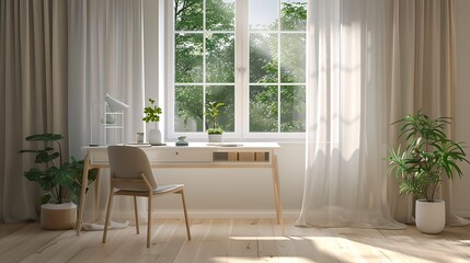 Fototapeta premium Modern Empty Home Office Room Interior With Blank Wall, Computer, Table, Bookshelf Mockup Frame -Ai