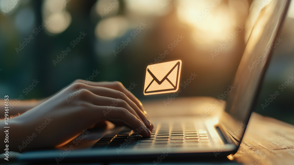 Aufkleber Closeup of female hands typing on laptop keyboard with email icon floating over keyboard at sunset
