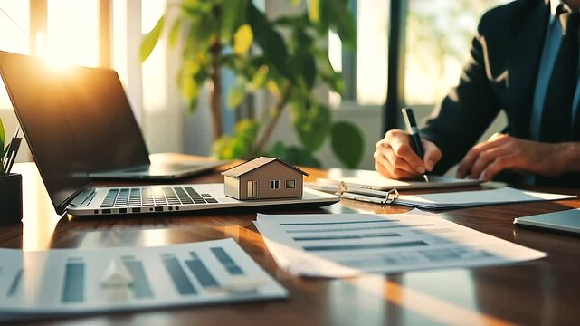 A real estate agent presenting a wooden house model to clients, with financial charts, laptops, and legal documents spread across a well-lit conference table.