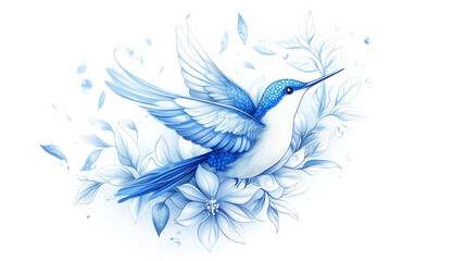 Radiant blue and white hummingbird fluttering gracefully among blooming flowers and delicate leaves. Concept of nature's elegance, serenity, and artistic beauty.