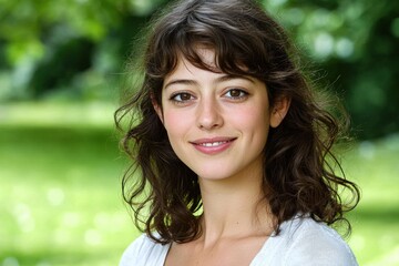 Close-up portrait of a beautiful young woman with brown hair and eyes, smiling gently against a blurred green background on a bright day in summer.