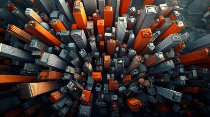 Intricate web of global logistics bustling transportation hubs and distribution networks showcased in a hyper detailed retrofuturistic aerial cityscape with dense infrastructure