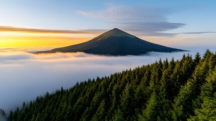 Fototapeta premium Scenic Sunrise Over Majestic Mountain Peak Amidst Forest and Clouds
