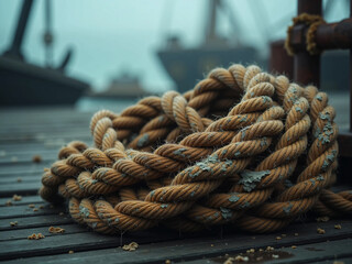 Fototapeta premium Old, Frayed Rope on a Weathered Wooden Dock, Dramatic Cinematic Lighting, High-Contrast Texture, Salt Residue and Moss, Misty Ocean and Rusted Anchor in the Background, Maritime Aesthetic