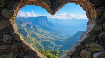 Fototapeta premium A heart-shaped window framing a beautiful mountain view