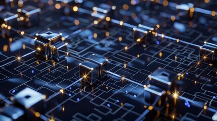 A visual representation of a blockchain with illuminated digital blocks and network elements
