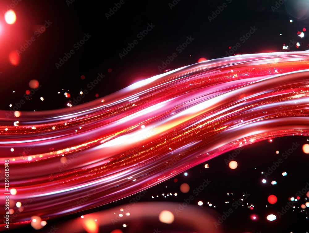 Poster vibrant abstract background with flowing red light trails and glowing particles, creating dynamic an