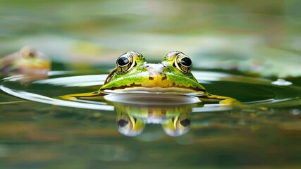 green frog in lake water close up