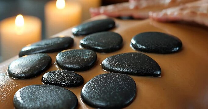 Close-up of hot stone massage on woman's back in spa with candles.