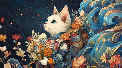 Fototapeta premium Cosmic Cat Astronaut: A Digital Painting of Floral Space Exploration AI Generated
