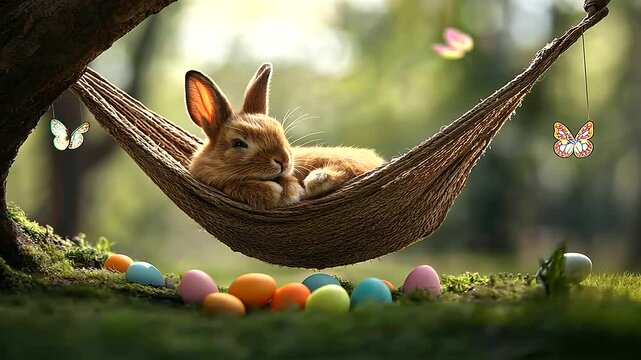 A tiny brown bunny comfortably dozing in a hammock suspended between two trees, Easter eggs shining in bright hues beneath, with butterflies fluttering nearby.