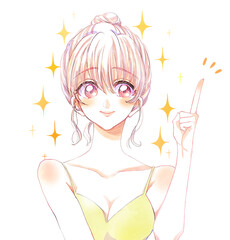 人差し指をさす美容イメージの女性　キラキラ