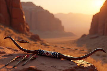 Ornate Recurve Bow with Arrows in Warm Tones Against Desert Sunset Landscape