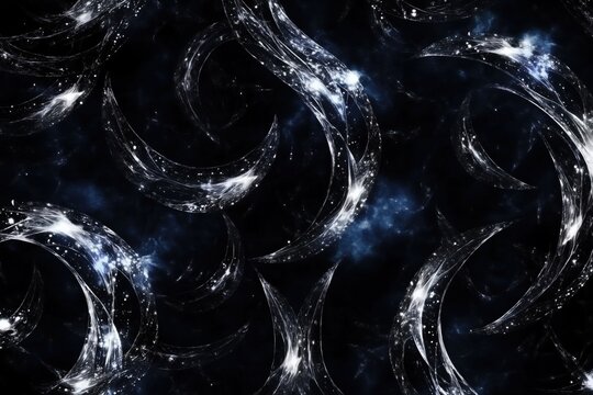 A mesmerizing abstract pattern featuring swirling shapes and sparkling elements against a dark background, evoking a sense of cosmic wonder.