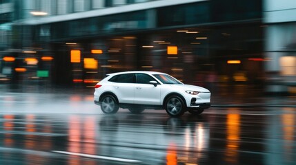 Sleek white SUV speeds through wet urban streets, reflecting vib