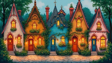 Obraz premium Charming cottages lined with bright doors and blooming vines under a serene twilight sky