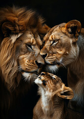 Family of lions with a lion, a lioness, and several cubs. Representing the strength, resilience, and love.