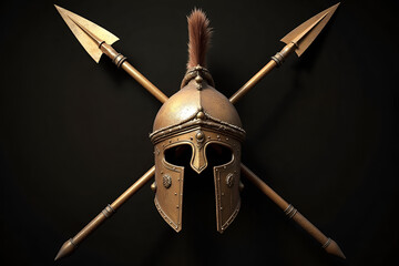 A close-up view of a bronze Spartan helmet, with two spears crossed behind it.