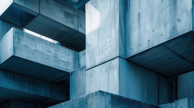 Architectural complex featuring abstract geometric blocks in blue and grey tones