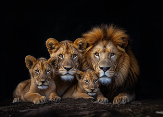 Family of lions with a lion, a lioness, and several cubs. Representing the strength, resilience, and love.