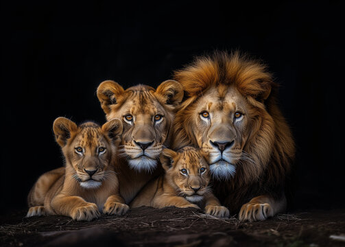 Family of lions with a lion, a lioness, and several cubs. Representing the strength, resilience, and love.