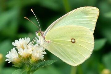 Obraz premium Soft Green Butterfly on Delicate White Flower in Vibrant Garden Setting