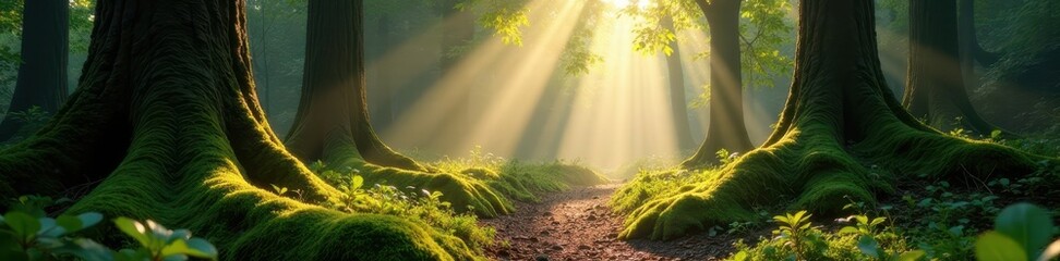 Sunbeams dapple mossy forest floor, ancient trees stand tall , scene, landscape, fairytale forest