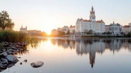 Fototapeta premium Sunrise over river reflecting city buildings
