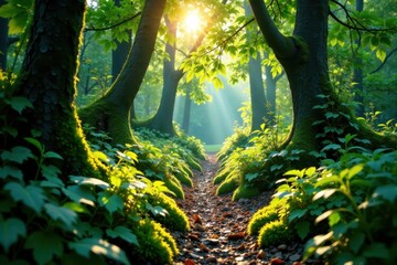Sun-dappled path, lush ferns, moss-covered logs, natural, leaves