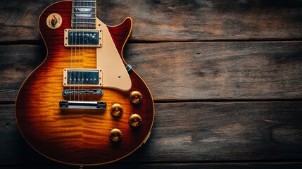 Fototapeta premium A close-up of an electric guitar, resting on a wooden surface with space for text or product placement. The body is in the foreground