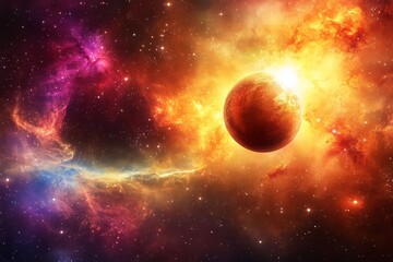 Naklejka premium Spectacular Cosmic Scene of Planet Amid Colorful Nebulae and Stars