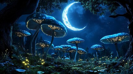 Enchanted Mushroom Grove at Night: A 3D Render of a Magical Forest AI Generated