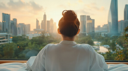 Tourist relaxing in bed enjoying sunrise over city skyline from hotel room during vacation