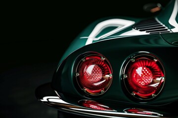 Red headlights of a modern green car glowing in darkness, creating a dramatic and stylish atmosphere