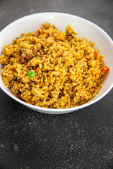 boulgur quinoa dish vegetarian dish vegetable food fresh tasty food dish gourmet food background on the table rustic food top view copy space keto and paleo diet
