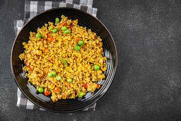boulgur quinoa dish vegetarian dish vegetable food fresh tasty food dish gourmet food background on the table rustic food top view copy space keto and paleo diet
