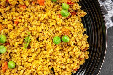 boulgur quinoa dish vegetarian dish vegetable food fresh tasty food dish gourmet food background on the table rustic food top view copy space keto and paleo diet