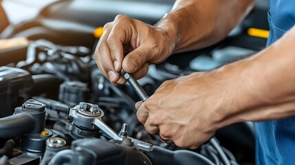 Hands Using Torque Wrench to Secure Bolt on Motorcycle Engine for Precise Maintenance