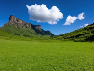 Breathtaking view of a mountain under a clear blue sky with lush green grass.