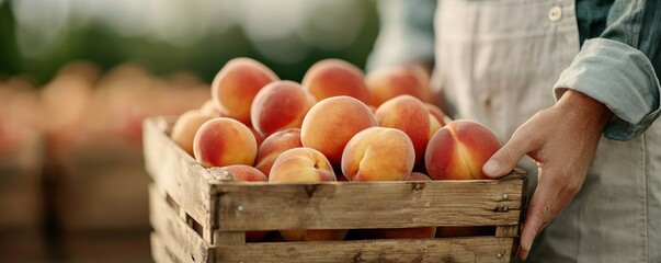 A person holds a wooden crate filled with ripe peaches in an outdoor setting, surrounded by a farm landscape.