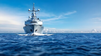 Modern Naval Ship Navigating Through Calm Ocean Waters Under Sky