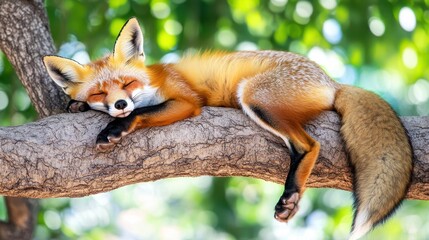 Obraz premium Red Fox Sleeping Peacefully On A Tree Branch