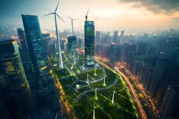 Naklejka premium Futuristic Cityscape with Wind Turbines and Urban Green Space at Twilight