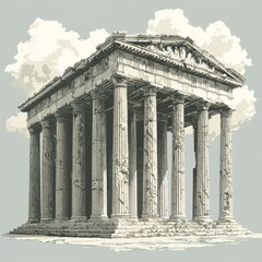 Obraz premium Ancient Greek Temple Surrounded by Stylized Clouds