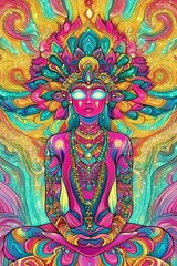 Obraz premium Vibrant Mandala Goddess in Meditative Pose Psychedelic Art Print