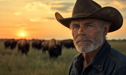 Middle-Aged Cowboy with Hat and Bison at Sunset