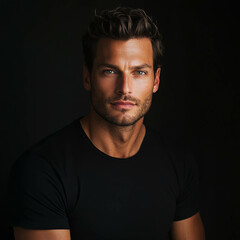 Handsome Man in Black T-Shirt, Portrait Photography with Solid Background, High Contrast, Sharp Focus, Studio Photo Shoot