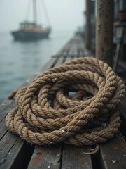 Fototapeta premium Old, Frayed Rope on a Weathered Wooden Dock, Dramatic Cinematic Lighting, High-Contrast Texture, Salt Residue and Moss, Misty Ocean and Rusted Anchor in the Background, Maritime Aesthetic
