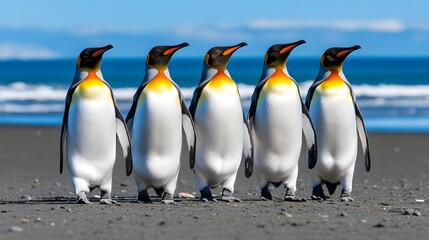 Fototapeta premium Group of King Penguins Walking Along the Beach Against Blue Ocean